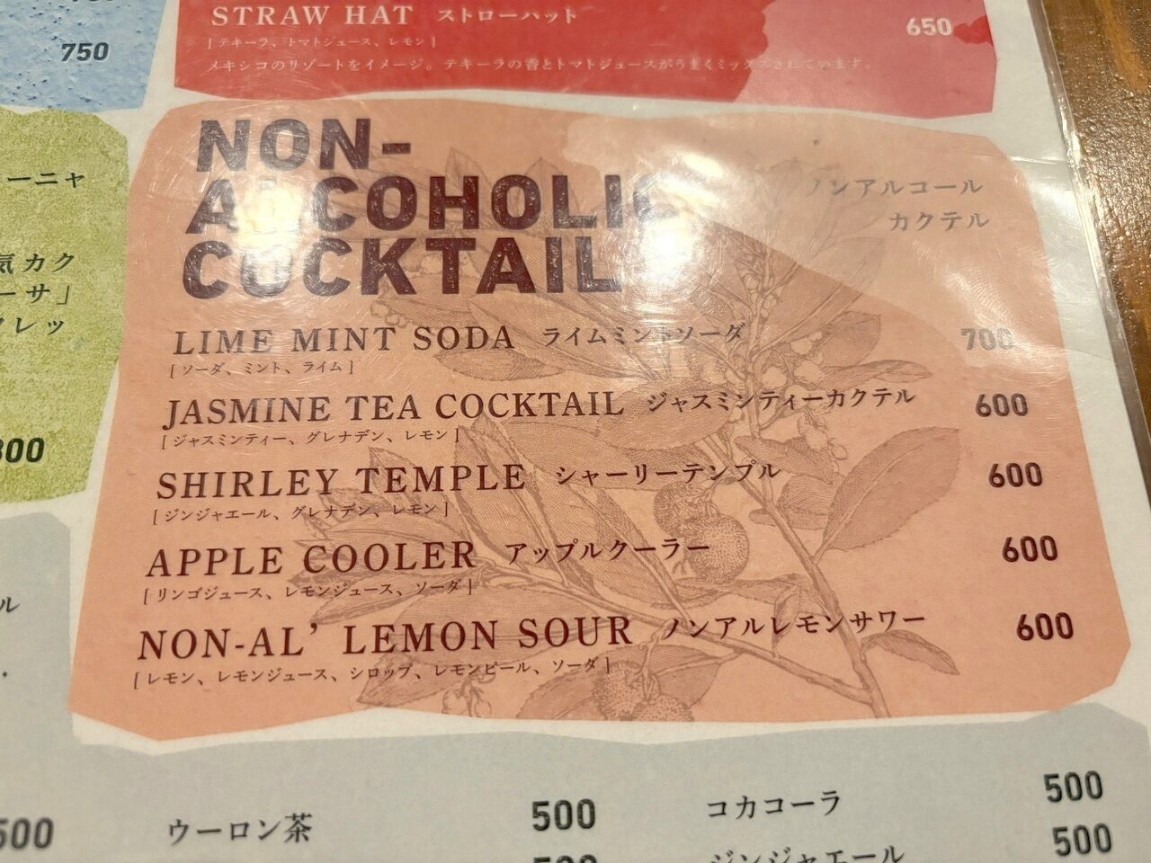 中野にある『Boqueria』のノンアルコールカクテルのメニューです。